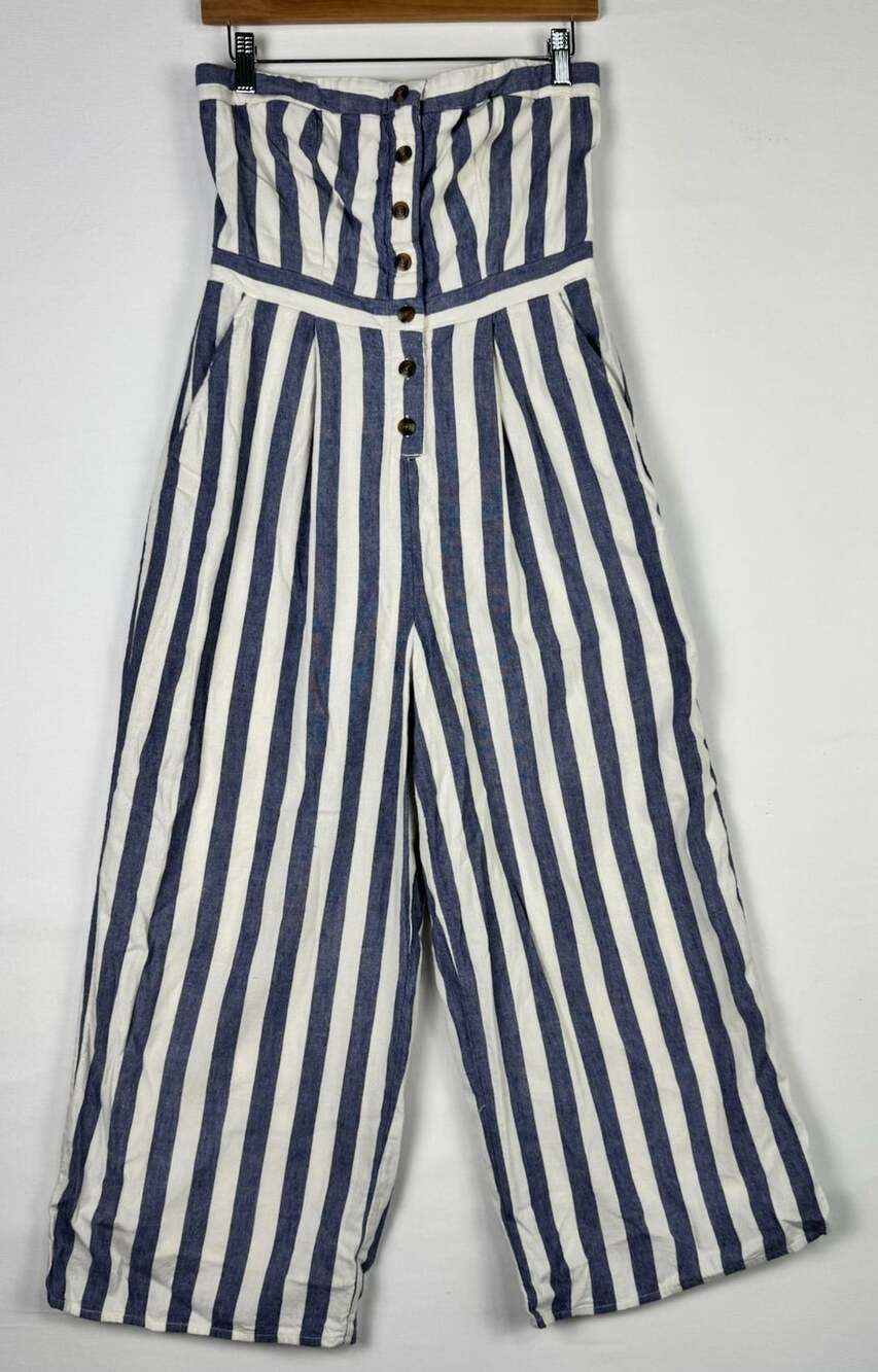 American Eagle Jumpsuit Size M Blue White Striped Strapless Wide Leg